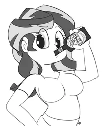 Size: 1280x1555 | Tagged: suggestive, artist:pabbley, derpibooru import, sunset shimmer, equestria girls, alcohol, beer, beer belly, big breasts, breasts, drinking, female, grayscale, guinness, monochrome, simple background, solo, tight clothing, white background