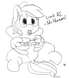 Size: 1280x1426 | Tagged: safe, artist:pabbley, derpibooru import, rainbow dash, pegasus, pony, arm behind head, beanbag chair, belly button, controller, dialogue, dock, grayscale, monochrome, simple background, sitting, solo, tongue out, white background, wing hands