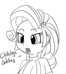 Size: 1280x1430 | Tagged: safe, artist:pabbley, derpibooru import, rarity, equestria girls, bocas top, dialogue, grayscale, monochrome, open mouth, simple background, solo, wat, white background