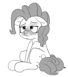 Size: 1280x1434 | Tagged: safe, artist:pabbley, derpibooru import, pinkie pie, earth pony, pony, female, floppy ears, grayscale, mare, monochrome, runny nose, sick, simple background, sitting, solo, white background