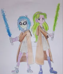 Size: 825x968 | Tagged: safe, artist:codyandgwen, derpibooru import, lemon zest, vinyl scratch, equestria girls, clothes, crossover, jedi, lightsaber, shoes, sneakers, star wars, traditional art, watermark, weapon