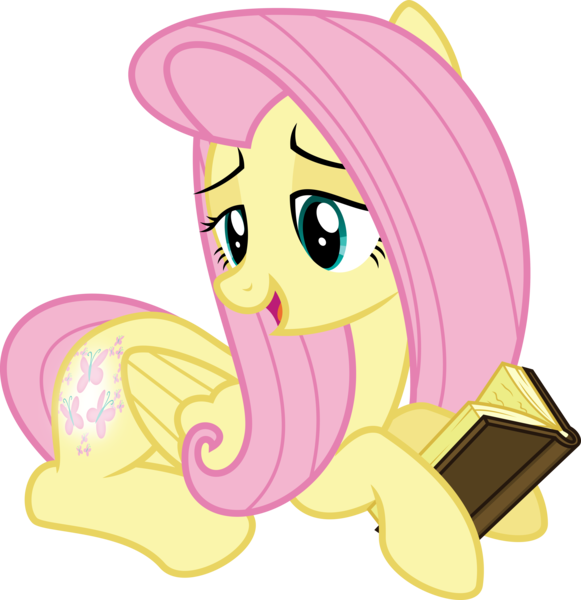 Size: 6400x6606 | Tagged: safe, artist:parclytaxel, derpibooru import, fluttershy, pegasus, pony, the hooffields and mccolts, .svg available, absurd resolution, book, booty call, female, glowing cutie mark, mare, nonchalant, prone, simple background, smiling, solo, transparent background, vector