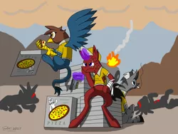 Size: 6000x4500 | Tagged: safe, artist:derpanater, derpibooru import, oc, unofficial characters only, gryphon, pony, unicorn, zebra, fallout equestria, absurd resolution, bodies, cigarette, clothes, eating, fire, food, gun, pizza, pizza box, scar, smoking, weapon