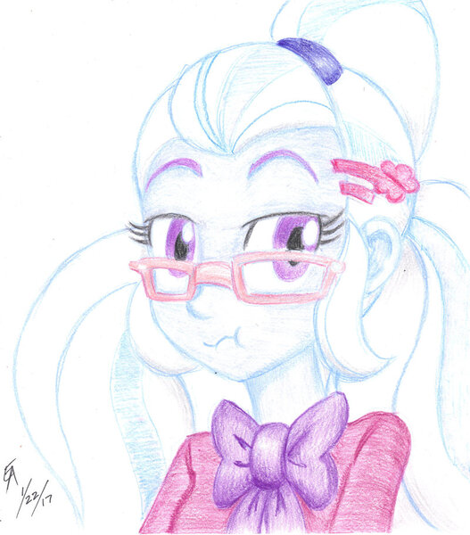 Size: 800x911 | Tagged: safe, artist:mayorlight, derpibooru import, sugarcoat, equestria girls, friendship games, colored pencil drawing, looking at you, scrunchy face, solo, traditional art