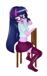 Size: 800x1280 | Tagged: suggestive, artist:backgrounduser, derpibooru import, sci-twi, twilight sparkle, equestria girls, bedroom eyes, chair, clothes, female, glasses, midriff, missing shoes, moe, open mouth, sexy, short shirt, simple background, skirt, smiling, socks, solo, solo female, stockings, stupid sexy sci-twi, thigh highs, transparent background, zettai ryouiki