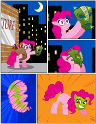 Size: 2550x3300 | Tagged: safe, artist:artbrojohn, derpibooru import, pinkie pie, earth pony, pony, comic, commission, crossover, female, mare, moon, solo, the mask, the mask of loki, xk-class end-of-the-world scenario