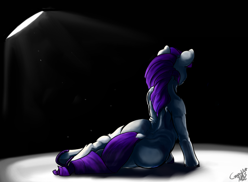 Size: 1280x940 | Tagged: safe, artist:greyscaleart, derpibooru import, rarity, pony, semi-anthro, facing away, plot, pose, solo, spotlight, underhoof