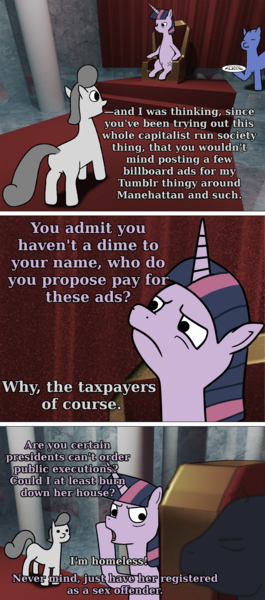 Size: 1209x2734 | Tagged: semi-grimdark, artist:thepristineeye, derpibooru import, twilight sparkle, oc, oc:intern, earth pony, pony, unicorn, 3d, annoyed, anotherdamnponyaskblog, behind, blender, butler, comic, dialogue, text, throne, throne room, tumblr, vulgar