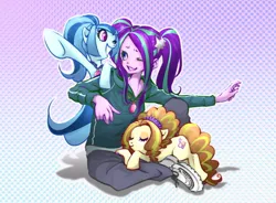 Size: 1000x735 | Tagged: safe, artist:ddd1983, derpibooru import, adagio dazzle, aria blaze, sonata dusk, ponified, equestria girls, ariabetes, clothes, cute, equestria girls ponified, eyes closed, one eye closed, pants, shoes, sitting, sleeping, sneakers, the dazzlings, wink