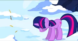 Size: 1360x730 | Tagged: safe, derpibooru import, screencap, twilight sparkle, pony, unicorn, winter wrap up, eyes closed, sad, snow, solo, unicorn twilight