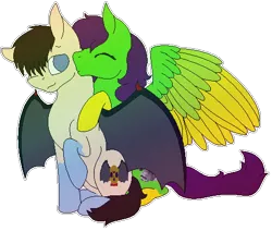 Size: 490x415 | Tagged: safe, artist:anxiouslilnerd, derpibooru import, oc, oc:camoflage cat, oc:golden death, unofficial characters only, bat pony, pegasus, pony, anniversary, couple, fxm, golden camo, hug, hug from behind, kiss on the cheek, kissing, mxf, oc x oc, one year anniversary, shipping, sona x sona