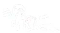 Size: 1280x711 | Tagged: safe, artist:hummingway, derpibooru import, oc, oc:feather hummingway, oc:swirly shells, unofficial characters only, pony, butt touch, dialogue, hoof on butt, simple background, sketch