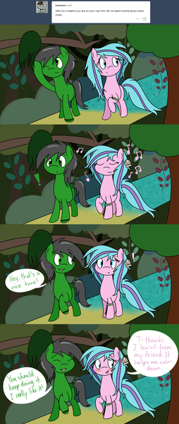 Size: 1280x3019 | Tagged: artist:hummingway, ask-humming-way, derpibooru import, dialogue, forest, music notes, oc, oc:feather hummingway, oc:swirly shells, safe, tumblr, tumblr comic, unofficial characters only