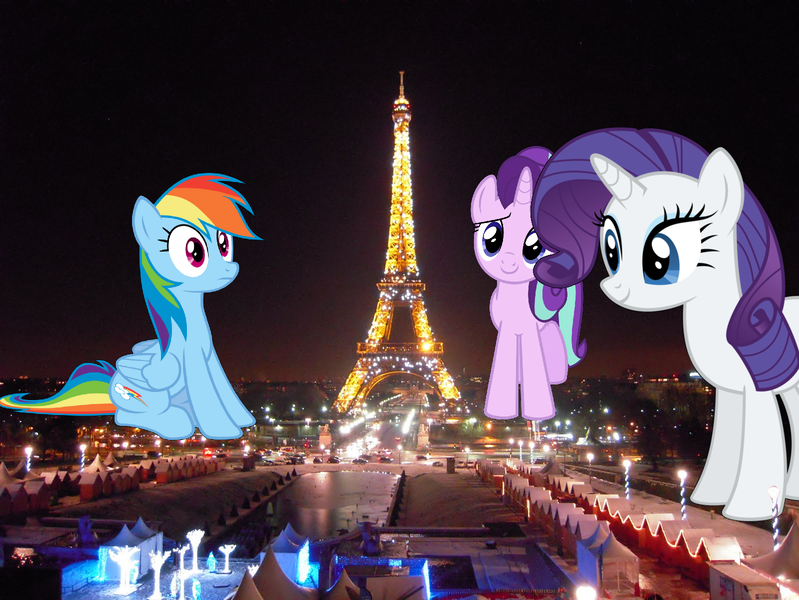 Size: 1598x1200 | Tagged: safe, artist:almostfictional, artist:logan859, artist:mrlolcats17, artist:rustle-rose, derpibooru import, rainbow dash, rarity, starlight glimmer, pony, eiffel tower, france, giant pony, highrise ponies, irl, macro, paris, photo, ponies in real life