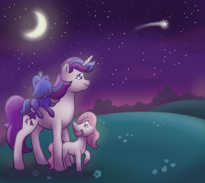 Size: 971x864 | Tagged: safe, artist:donkeyinthemiddle, derpibooru import, glory, princess celestia, princess luna, pony, unicorn, cewestia, crescent moon, cute, female, filly, g1, g1 to g4, generation leap, looking at something, looking up, moon, night, outdoors, pink-mane celestia, ponies riding ponies, shooting star, starry night, transparent moon, trio, woona, younger