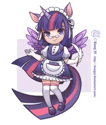 Size: 1024x1209 | Tagged: artist:kongyi, clothes, derpibooru import, dress, eared humanization, horned humanization, human, humanized, maid, quill, safe, solo, spread wings, tailed humanization, twilight sparkle, twilight sparkle (alicorn), winged humanization