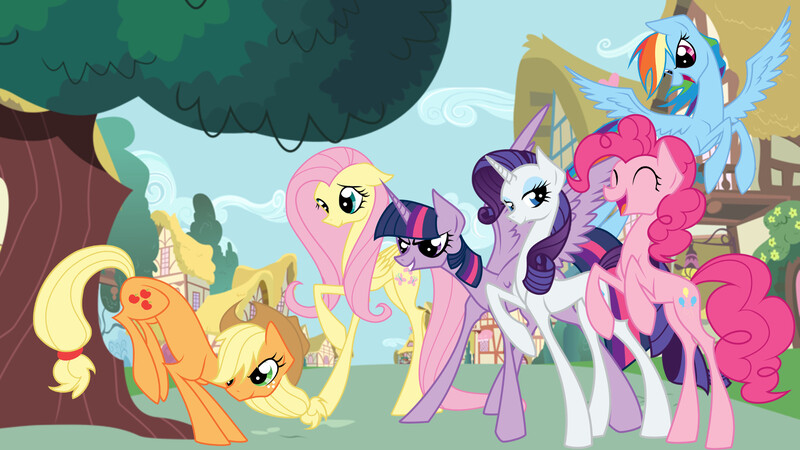 Size: 2127x1196 | Tagged: safe, artist:basykail, derpibooru import, applejack, fluttershy, pinkie pie, rainbow dash, rarity, twilight sparkle, twilight sparkle (alicorn), alicorn, pony, applebucking, eyes closed, flying, happy, mane six, ponyville, raised hoof, rearing, tree