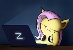 Size: 407x284 | Tagged: safe, artist:neitronik, derpibooru import, fluttershy, bat pony, pony, computer, flutterbat, race swap, sleeping, solo, z