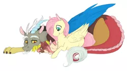 Size: 3240x1796 | Tagged: safe, artist:xenalollie, deleted from derpibooru, derpibooru import, discord, fluttershy, oc, oc:anomaly, hybrid, cute, discoshy, interspecies offspring, male, offspring, parent:discord, parent:fluttershy, parents:discoshy, prone, shipping, simple background, straight, white background
