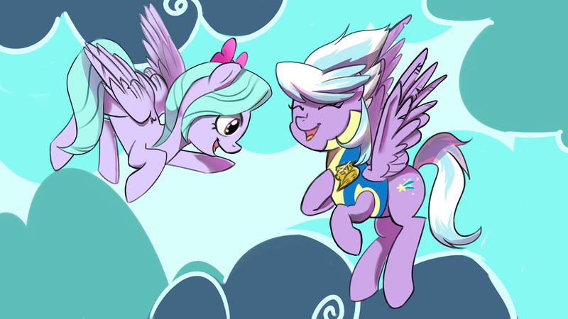 Size: 3500x1969 | Tagged: artist:white-pilled, bow, clothes, cloud, cloudchaser, cute, derpibooru import, duo, duo female, female, flitter, flying, hair bow, open mouth, raised hoof, safe, sisters, sky, smiling, wonderbolts uniform