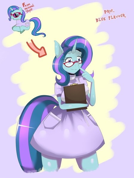 Size: 2448x3264 | Tagged: safe, artist:traupa, derpibooru import, oc, oc:blue flavour, unofficial characters only, anthro, unicorn, pony creator, anthro oc, clipboard, clothes, commission, cute, dress, female, glasses, mare, multicolored hair, simple background, smiling