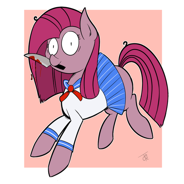 Size: 2222x2222 | Tagged: artist:goldenled, blood, blood stains, clothes, crossover, derpibooru import, knife, mouth hold, pinkamena diane pie, pinkie pie, pleated skirt, ponk, school uniform, semi-grimdark, skirt, solo, yandere, yandere-chan, yandere pie, yandere simulator