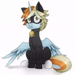 Size: 937x920 | Tagged: safe, artist:chibadeer, derpibooru import, oc, oc:professor dickinson, unofficial characters only, alicorn, pony, chat noir, clothes, cosplay, costume, male, miraculous ladybug, simple background, sitting, solo, stallion, white background