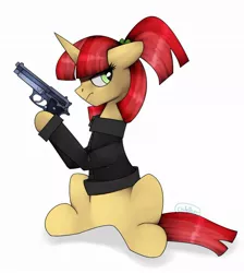 Size: 842x939 | Tagged: safe, artist:chibadeer, derpibooru import, oc, unofficial characters only, pony, unicorn, beretta, clothes, dexterous hooves, female, gun, handgun, hoof hold, hooves, horn, m9, mare, pistol, simple background, sitting, solo, weapon, white background