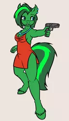 Size: 734x1280 | Tagged: anthro, anthro oc, artist:fetchbeer, blue eyes, breasts, cleavage, clothes, derpibooru import, dress, ear piercing, female, grimace, gun, handgun, hips, hooves, jewelry, necklace, oc, oc:jade aurora, piercing, pistol, red dress, safe, side slit, solo, spy, unguligrade anthro, unofficial characters only, unshorn fetlocks, weapon