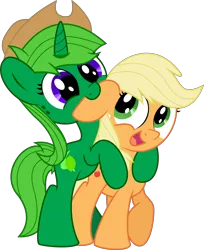 Size: 5500x6744 | Tagged: safe, artist:limedreaming, artist:supermlpfan, derpibooru import, applejack, oc, oc:lime dream, pony, unicorn, absurd resolution, accessory swap, base used, canon x oc, chibi, cute, ear bite, female, lesbian, mare, shipping, simple background, transparent background