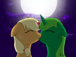 Size: 1046x792 | Tagged: safe, artist:limedreaming, derpibooru import, applejack, oc, oc:lime dream, pony, unicorn, canon x oc, female, heart, kissing, lesbian, mare, moon, night, shipping, stars