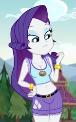 Size: 450x720 | Tagged: safe, derpibooru import, edit, edited screencap, editor:ah96, screencap, rarity, equestria girls, legend of everfree, belly button, bracelet, breast edit, breasts, busty rarity, camp everfree logo, camp everfree outfits, cleavage, clothes, cropped, daisy dukes, female, jewelry, midriff, pants, shorts, solo