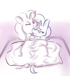 Size: 1280x1396 | Tagged: safe, artist:helloiamyourfriend, derpibooru import, pinkie pie, trixie, earth pony, pony, unicorn, /mlp/, blanket, colored sketch, drawthread, eyes closed, female, lesbian, mare, monochrome, partial color, shipping, sketch, smiling, snuggling, trixiepie, tsundere