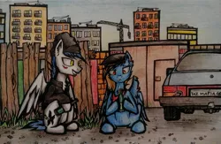 Size: 2560x1672 | Tagged: artist needed, safe, derpibooru import, oc, unofficial characters only, pegasus, pony, alcohol, beer, bottle, car, gopnik, lada, russian, slav, squatting, traditional art