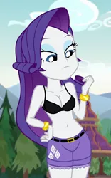 Size: 450x720 | Tagged: suggestive, derpibooru import, edit, edited screencap, editor:ah96, screencap, rarity, equestria girls, legend of everfree, belly button, black underwear, bra, breast edit, breasts, cleavage, clothes, cropped, female, pants, solo, underwear, underwear edit