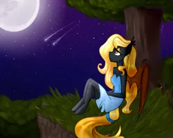 Size: 5000x4000 | Tagged: safe, artist:kaikururu, derpibooru import, oc, oc:regina liliac, unofficial characters only, anthro, bat pony, unguligrade anthro, absurd resolution, anthro oc, clothes, dress, female, full moon, looking up, mare, moon, night, request, requested art, sad, shooting star, solo, tree