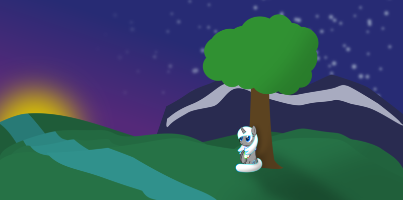 Size: 7617x3777 | Tagged: safe, artist:metropone, deleted from derpibooru, derpibooru import, oc, oc:charms, unofficial characters only, pony, unicorn, absurd resolution, mountain, outdoors, river, solo, stars, sun, sunrise, sunset, tree, vector