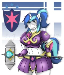 Size: 656x771 | Tagged: abs, anthro, armor, artist:jimjamdoodles, badass, belly button, big breasts, breasts, busty gleaming shield, derpibooru import, female, gleaming shield, hammer, ponytail, rule 63, safe, shining armor, smiling, solo, story in the source, thighs, unconvincing armor, war hammer, weapon, wide hips