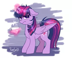 Size: 965x778 | Tagged: safe, artist:confetticakez, derpibooru import, twilight sparkle, twilight sparkle (alicorn), alicorn, pony, coffee, cup, glowing horn, grumpy, looking at you, magic, signature, simple background, solo, twilight is not amused, unamused