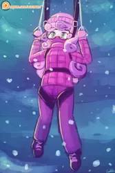 Size: 750x1125 | Tagged: safe, artist:lumineko, derpibooru import, sweetie belle, equestria girls, clothes, coat, goggles, parachute, parachuting, patreon, patreon logo, patreon reward, signature, snow, snowfall, solo, winter outfit