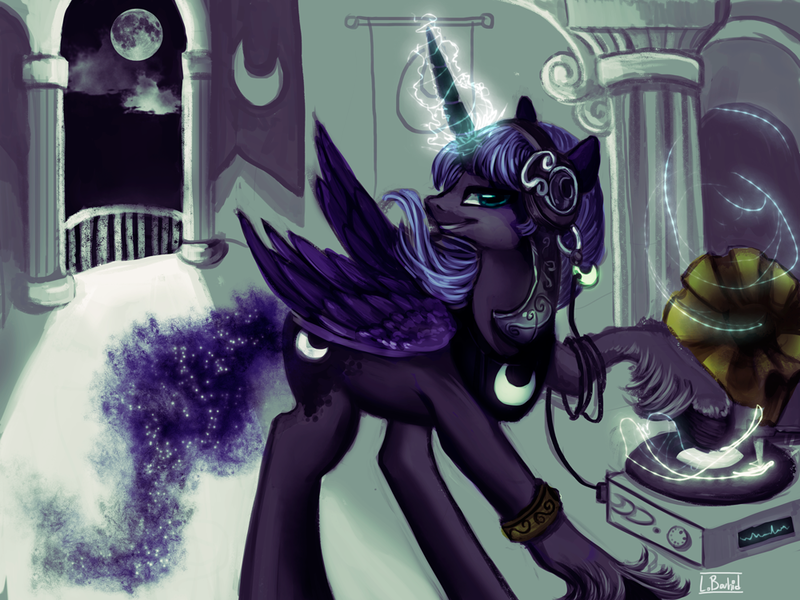 Size: 1000x750 | Tagged: derpibooru import, grin, headphones, magic, moon, night, princess luna, safe, smiling, solo, unshorn fetlocks