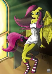 Size: 800x1131 | Tagged: anthro, artist:magarnadge, clothes, coffee, crepuscular rays, derpibooru import, floppy ears, fluttershy, morning ponies, nail polish, safe, shirt, socks, solo, spread wings, striped socks, t-shirt, unguligrade anthro