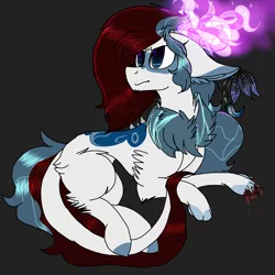 Size: 2560x2560 | Tagged: safe, artist:brokensilence, derpibooru import, oc, oc:mira songheart, unofficial characters only, draconequus, pony, blood, chest fluff, draconequified, floating, horns, magic, magical glow, noodle, ponysona, purple magic, solo, species swap