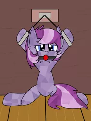 Size: 1200x1600 | Tagged: suggestive, artist:toonboy92484, derpibooru import, oc, oc:lavender vows, unofficial characters only, crystal pony, pony, ballgag, bondage, cuffs, featureless crotch, gag, shackles, solo