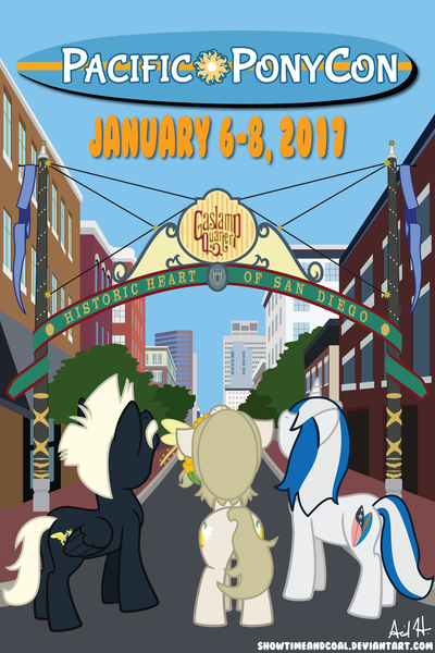 Size: 7200x10800 | Tagged: safe, artist:showtimeandcoal, derpibooru import, oc, oc:mission belle, oc:rockwell, oc:silver strand, unofficial characters only, earth pony, pegasus, pony, unicorn, absurd resolution, city, clothes, con, con mascot, con mascots, convention, gaslamp quarter, mascot, mascots, pacific ponycon, pacific ponycon 2017, ppc, print, san diego, shirt, t-shirt