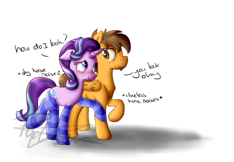 Size: 7200x5000 | Tagged: safe, artist:pucksterv, derpibooru import, starlight glimmer, oc, oc:compylight, pegasus, pony, absurd resolution, blushing, canon x oc, clothes, descriptive noise, dialogue, floppy ears, horse noises, looking at each other, male, meme, oblivious, raised hoof, raised leg, shipping, simple background, smiling, socks, straight, striped socks, watermark, white background