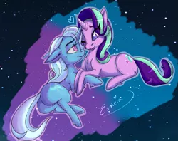 Size: 1021x808 | Tagged: safe, artist:esmeia, derpibooru import, starlight glimmer, trixie, pony, unicorn, chest fluff, female, floppy ears, heart, lesbian, lidded eyes, looking at each other, mare, one eye closed, plot, prone, shipping, stars, startrix, unshorn fetlocks