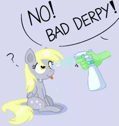 Size: 925x974 | Tagged: artist needed, source needed, safe, derpibooru import, derpy hooves, oc, oc:anon, human, pegasus, pony, bad pony, disembodied hand, female, hand, mare, oblivious, question mark, simple background, sitting, spray bottle, tongue out