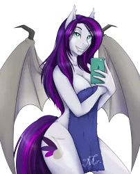 Size: 3000x3713 | Tagged: suggestive, artist:askbubblelee, derpibooru import, oc, oc:sweet hum, unofficial characters only, anthro, bat pony, anthro oc, big breasts, breasts, cleavage, covering, fangs, female, green eyes, large wings, looking at you, milf, mobile phone, nudity, phone, reflection, selfie, simple background, slit eyes, smiling, solo, solo female, towel, transparent background, wings