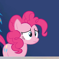 Size: 500x500 | Tagged: safe, derpibooru import, screencap, pinkie pie, rainbow dash, earth pony, pegasus, pony, 28 pranks later, animated, blinking, cropped, cute, diapinkes, female, frown, gif, juxtaposition bait, looking at you, mare, meme, open mouth, raised hoof, shocked, shrunken pupils, solo focus, surprised, wide eyes